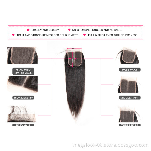 Wholesale Pre-Plucked Brazilian Free Part Straight Virgin Hair 4*4 5X5 6X6 7X7 Swiss Lace Closure